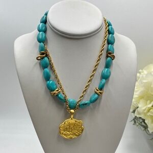 Susan Shaw Gold Tone Faux Turquoise Stone Equestrian Medallion Necklace 17-20"